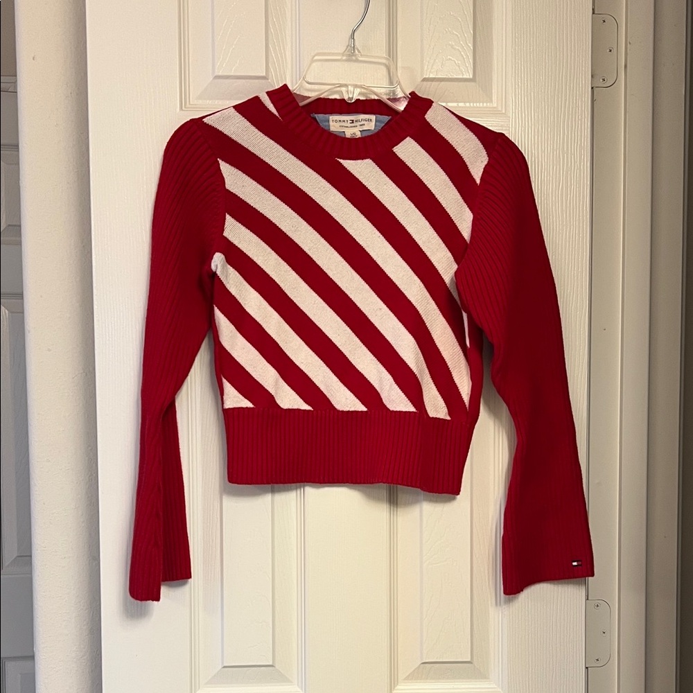 Tommy Hilfiger Red and White Diagonal Stripe Sweater